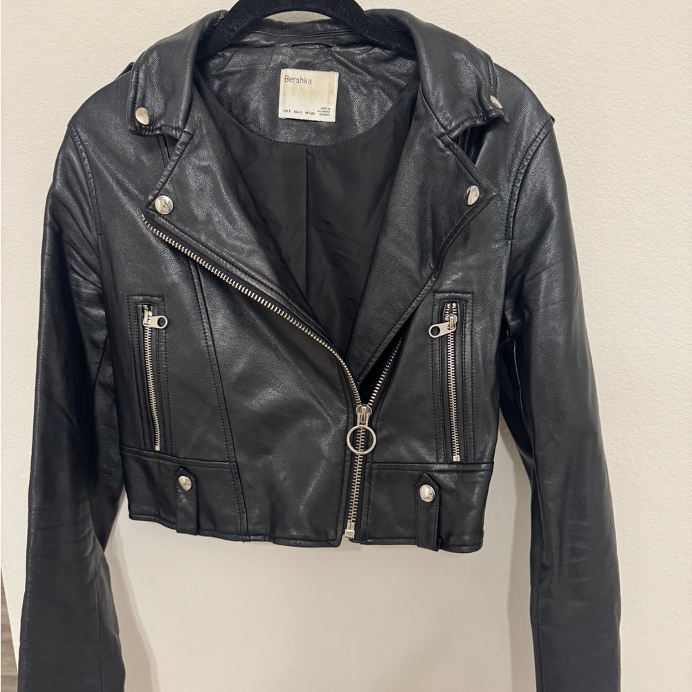 Bershka Black Leather Moto Jacket with Asymmetrical Zipper